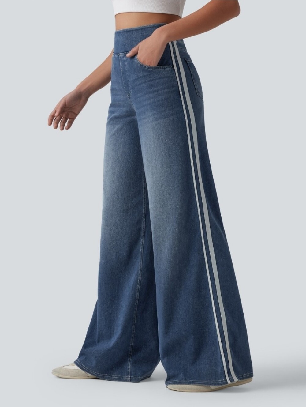 Halara Flex High-waisted Striped Wide Leg Flowy Washed Jeans Medium NWT